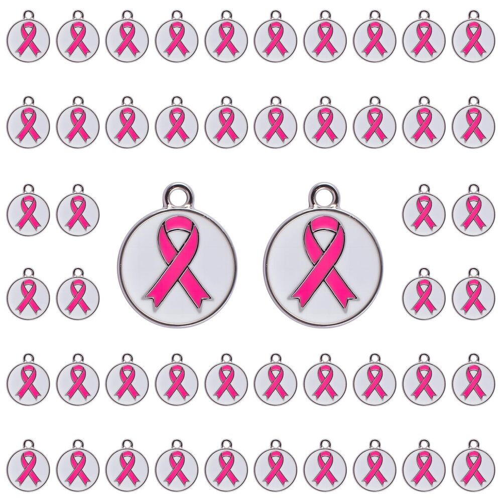 5775 50 PCS Pink Ribbon Pendants, Breast Cancer Awareness Charms Alloy